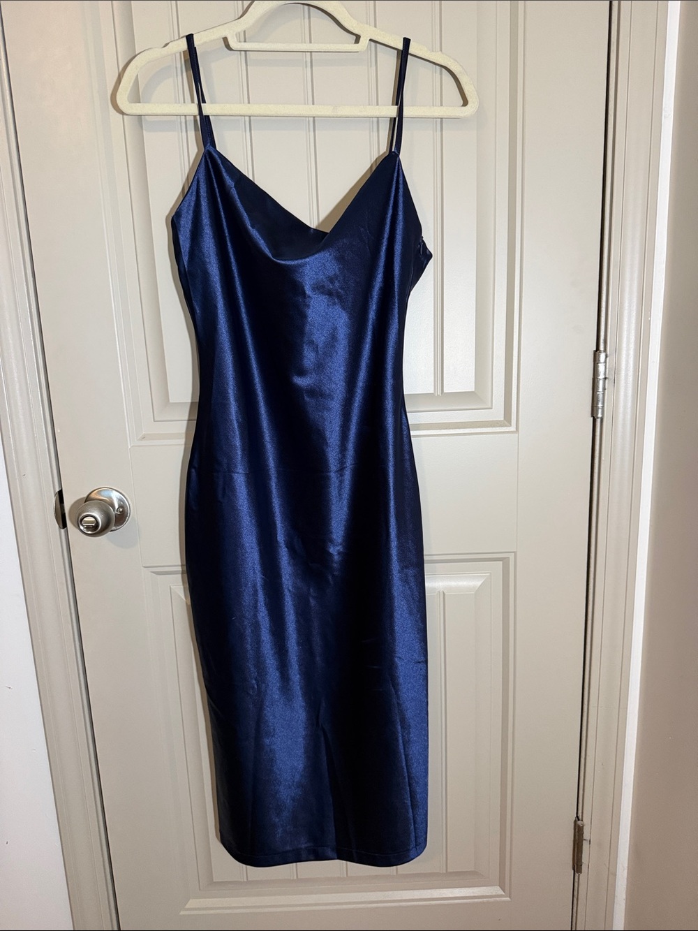 Satin Slip Midi Dress in Deep Navy